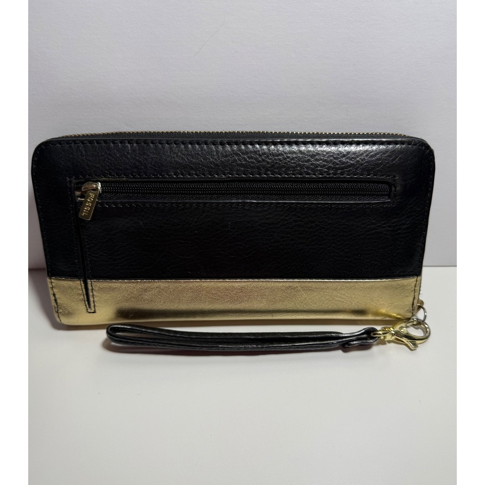 Fossil Zip Around Clutch Wallet Black Gold Metallic Women's Leather Wristlet EUC - Picture 2 of 7
